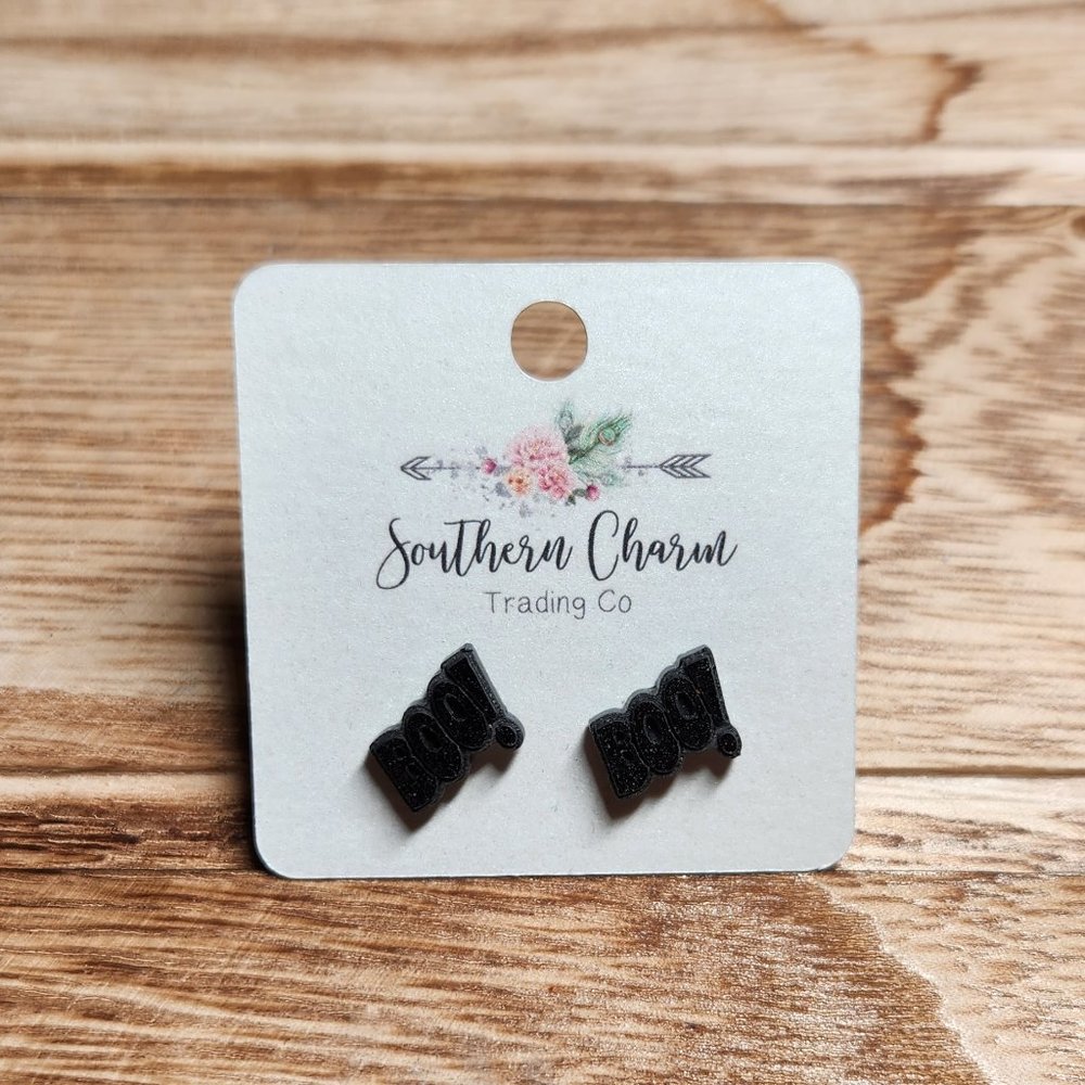 Black glitter BOO earrings